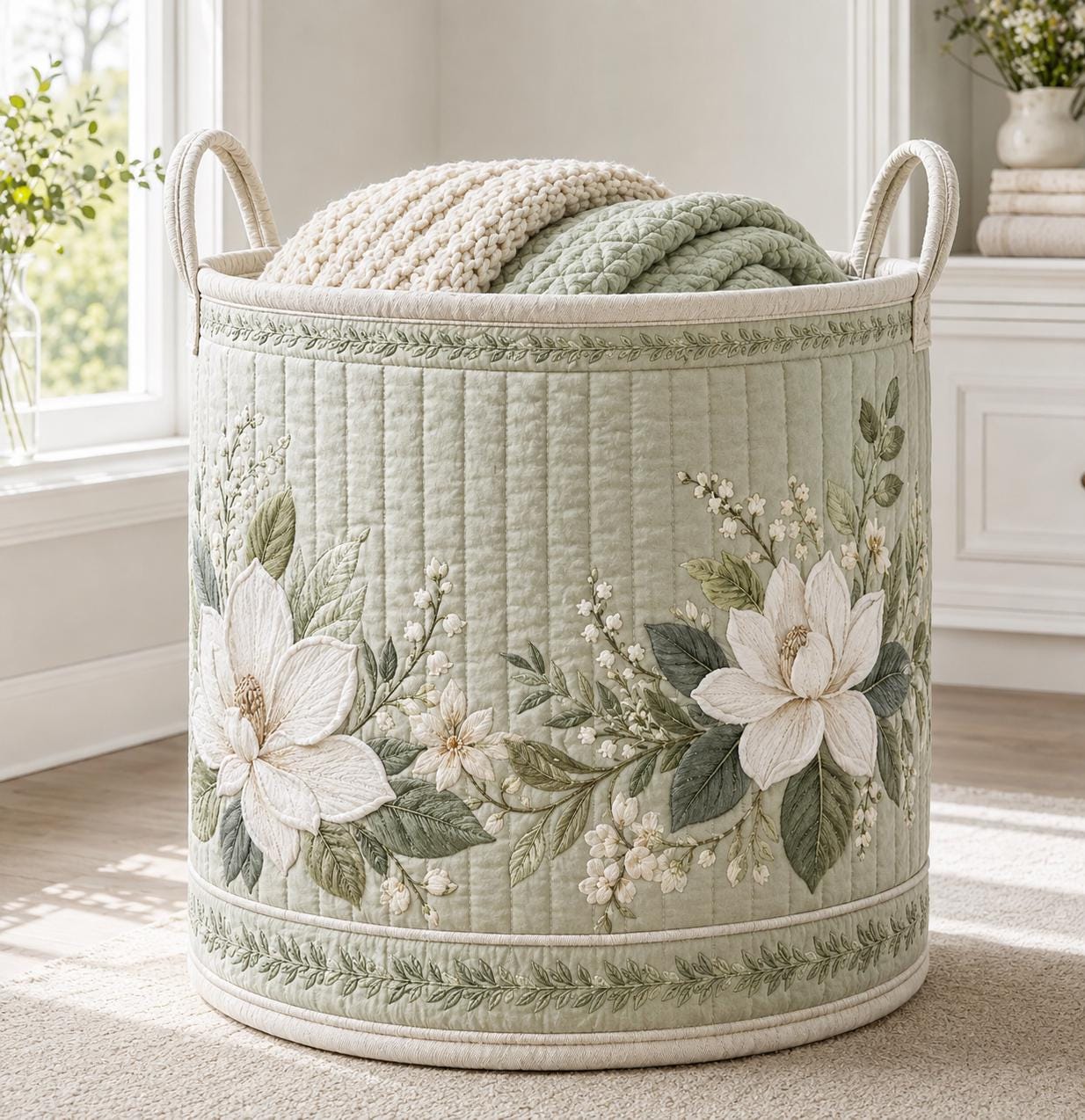 Laundry Basket and Storage Hamper with Floral Botanical Quilted Style, Wildflower Hydrangea Lavender Sunflower Cottagecore Home Decor Organizer - photo 15