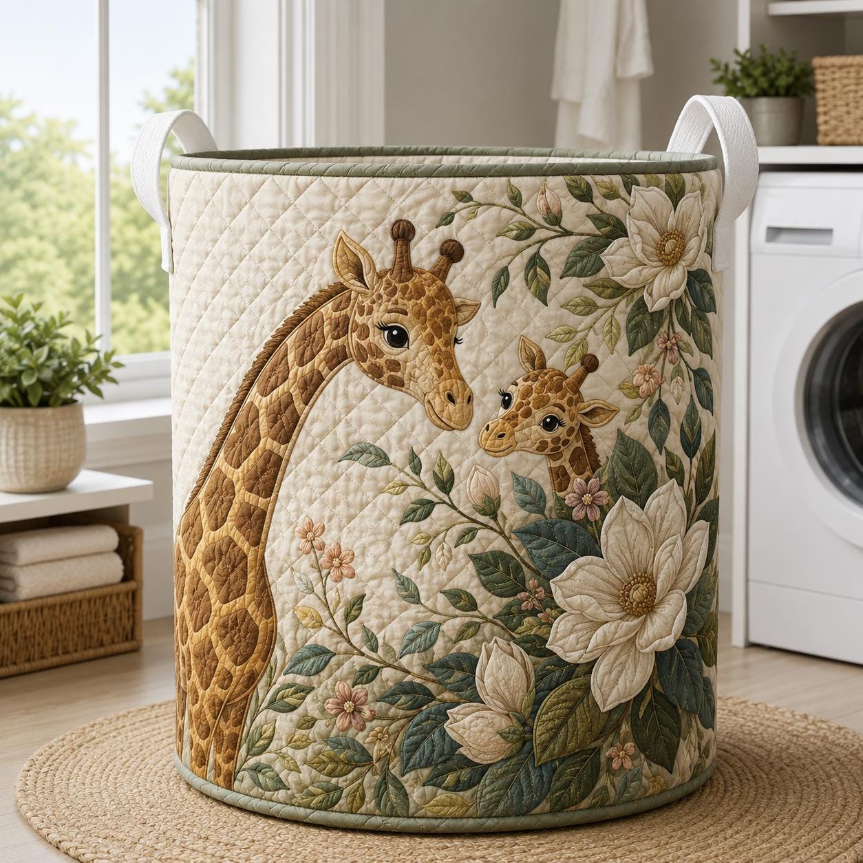 Laundry Basket and Storage Hamper with Giraffe Floral Quilted Style, Mother Baby Safari Nursery Room Decor Woodland Organizer
