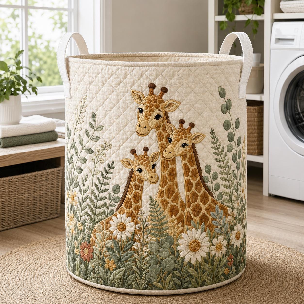 Laundry Basket and Storage Hamper with Giraffe Floral Quilted Style, Mother Baby Safari Nursery Room Decor Woodland Organizer - photo 2