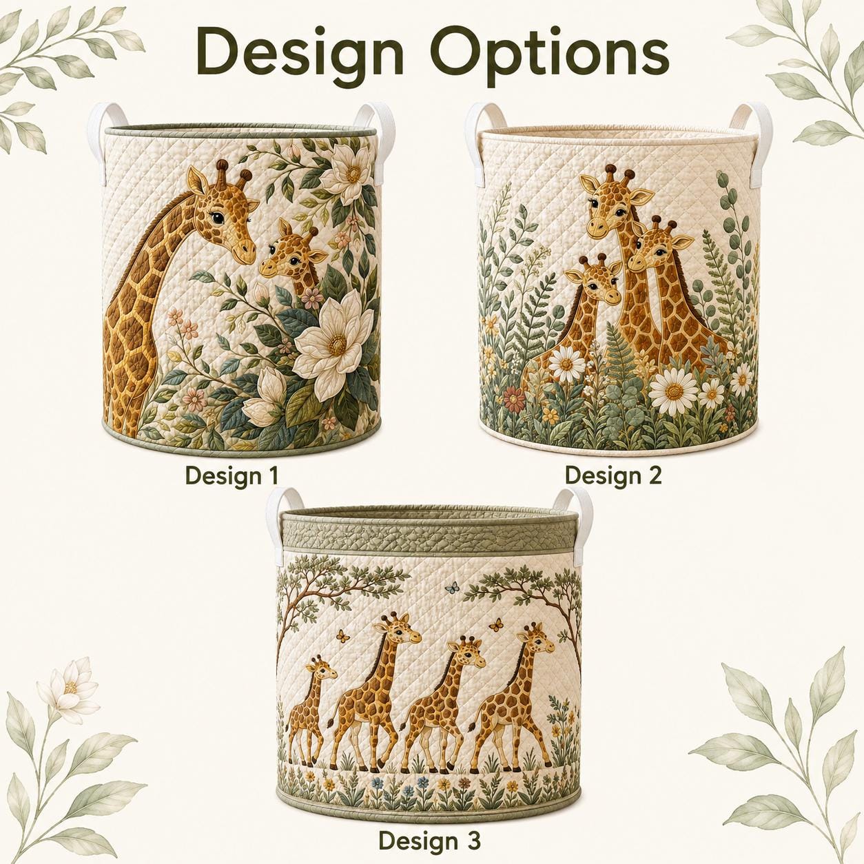 Laundry Basket and Storage Hamper with Giraffe Floral Quilted Style, Mother Baby Safari Nursery Room Decor Woodland Organizer - photo 3