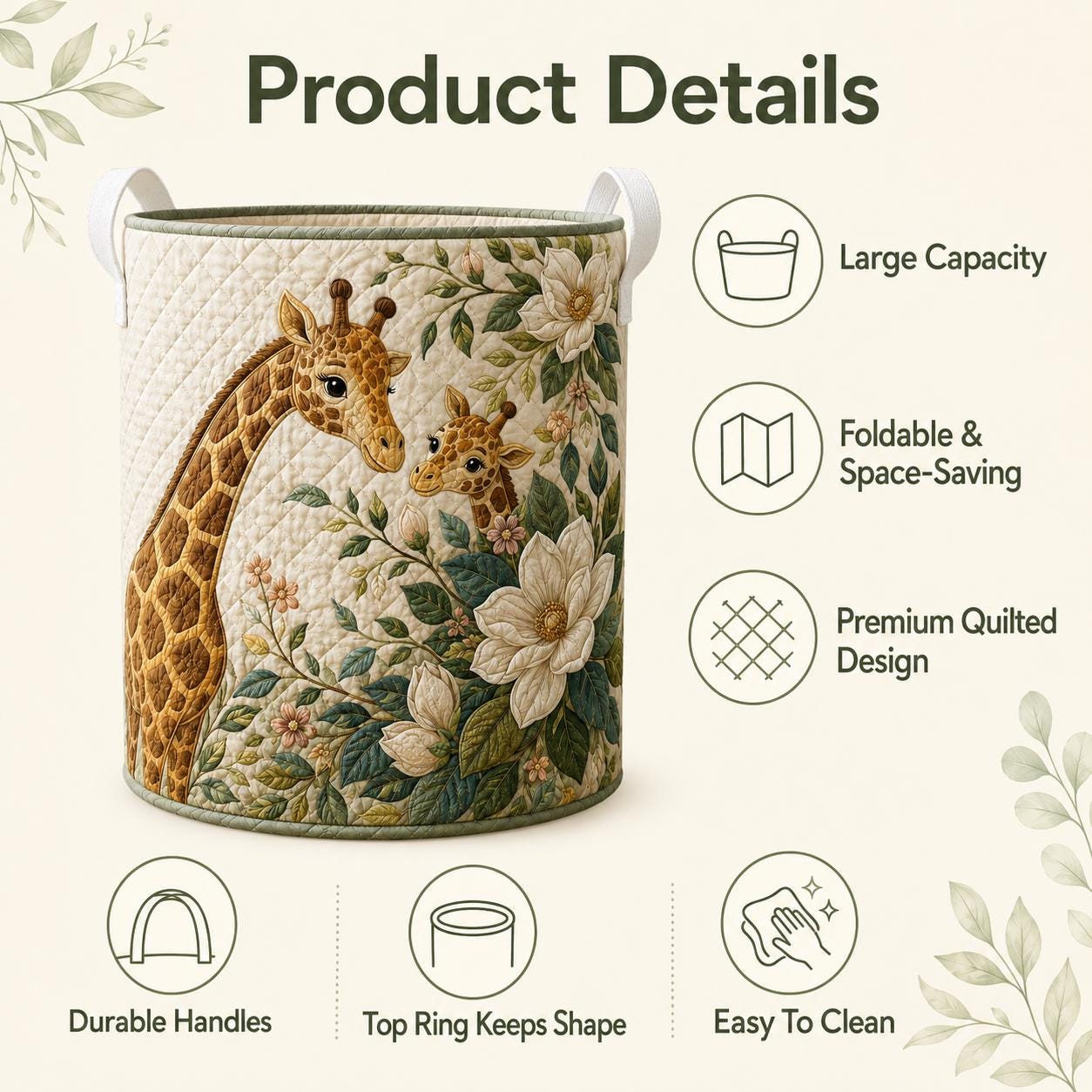 Laundry Basket and Storage Hamper with Giraffe Floral Quilted Style, Mother Baby Safari Nursery Room Decor Woodland Organizer - photo 5