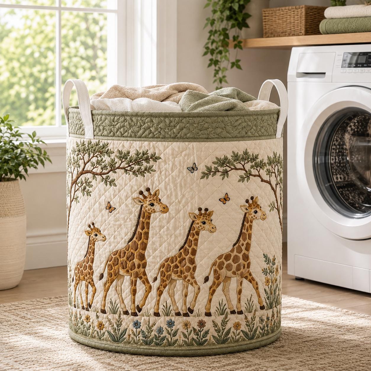 Laundry Basket and Storage Hamper with Giraffe Floral Quilted Style, Mother Baby Safari Nursery Room Decor Woodland Organizer - photo 6