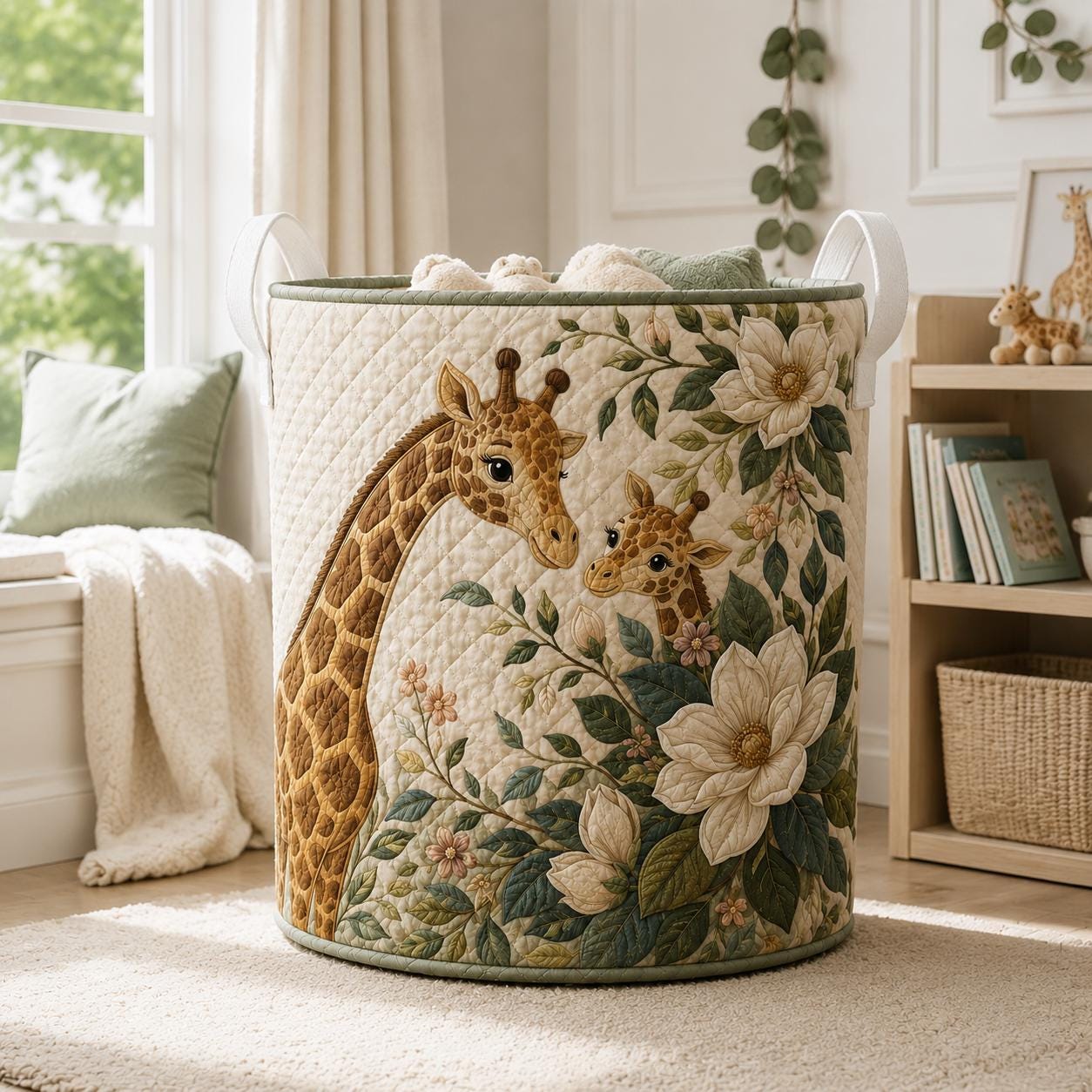 Laundry Basket and Storage Hamper with Giraffe Floral Quilted Style, Mother Baby Safari Nursery Room Decor Woodland Organizer - photo 7