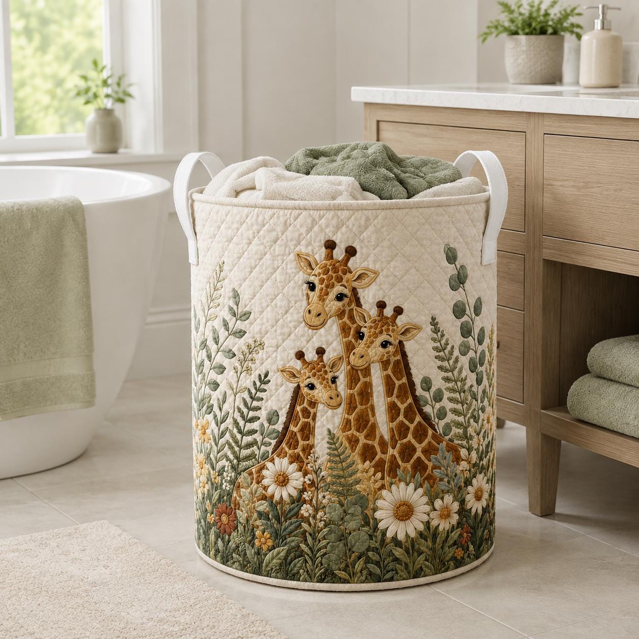Laundry Basket and Storage Hamper with Giraffe Floral Quilted Style, Mother Baby Safari Nursery Room Decor Woodland Organizer - photo 8