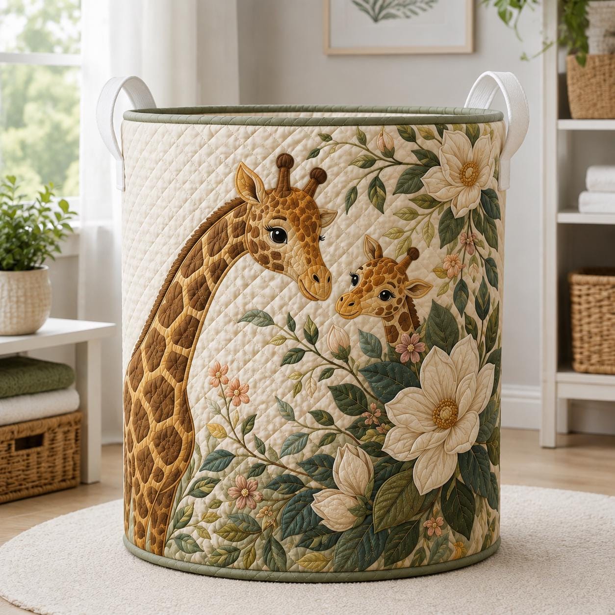 Laundry Basket and Storage Hamper with Giraffe Floral Quilted Style, Mother Baby Safari Nursery Room Decor Woodland Organizer - photo 9