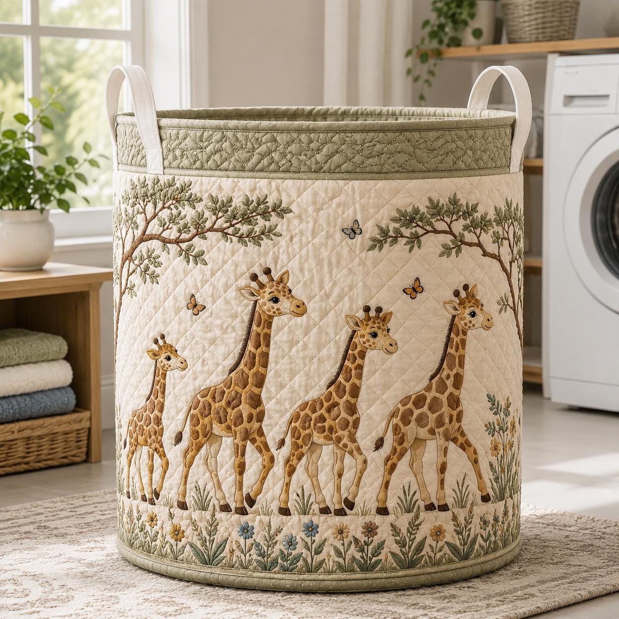 Laundry Basket and Storage Hamper with Giraffe Floral Quilted Style, Mother Baby Safari Nursery Room Decor Woodland Organizer - photo 11