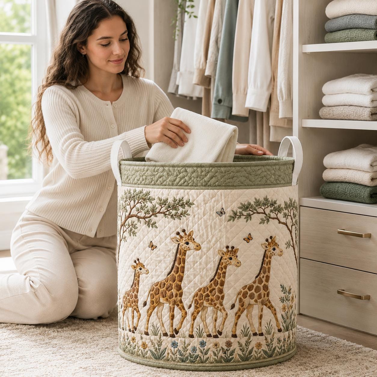 Laundry Basket and Storage Hamper with Giraffe Floral Quilted Style, Mother Baby Safari Nursery Room Decor Woodland Organizer - photo 12