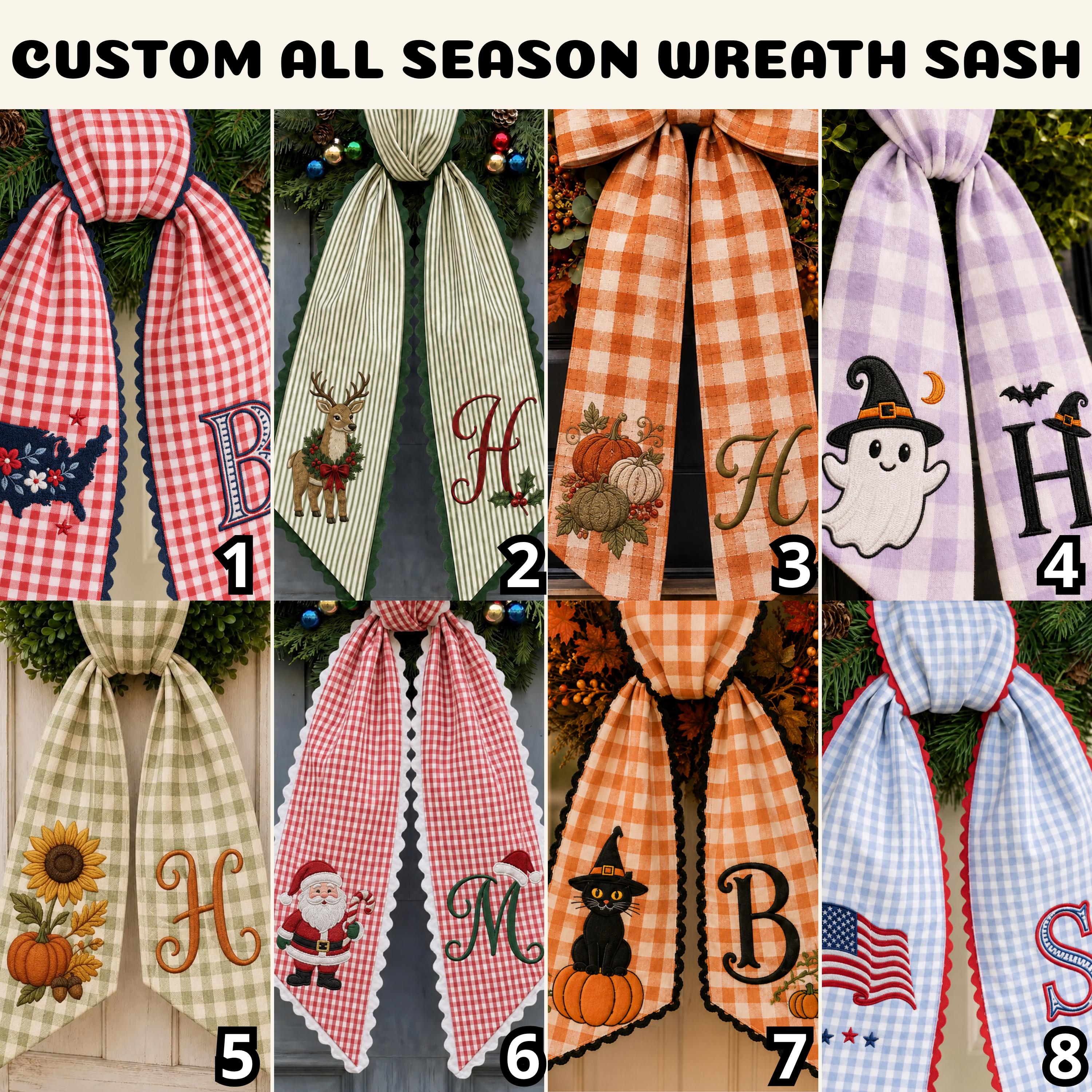 Personalized Custom Embroidery Monogram All Season Wreath Sash Bundle – Patriotic Fall Halloween and Christmas Front Door Decor Gift