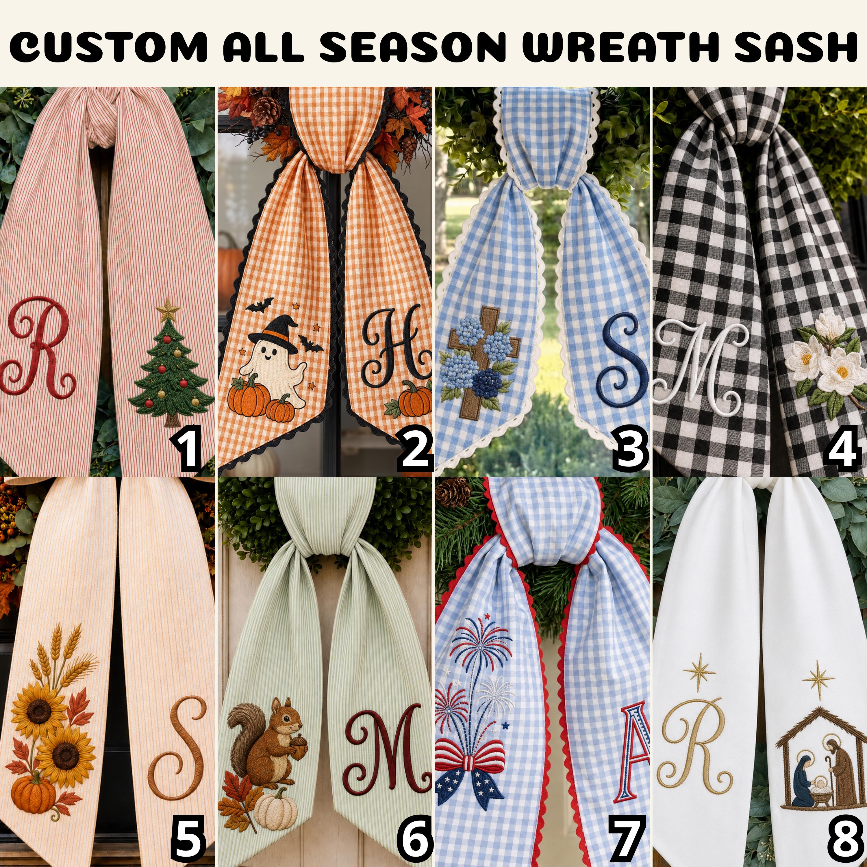 Personalized Embroidery Monogram All Season Floral Wreath Sash Bundle โ Patriotic Fall Halloween and Christmas Front Door Decor