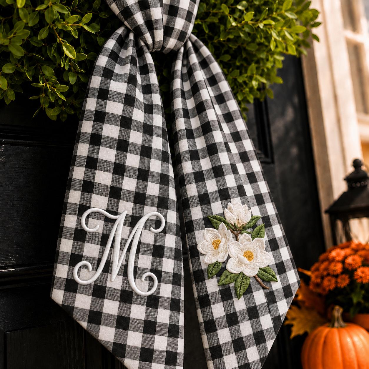 Personalized Embroidery Monogram All Season Floral Wreath Sash Bundle – Patriotic Fall Halloween and Christmas Front Door Decor - photo 2