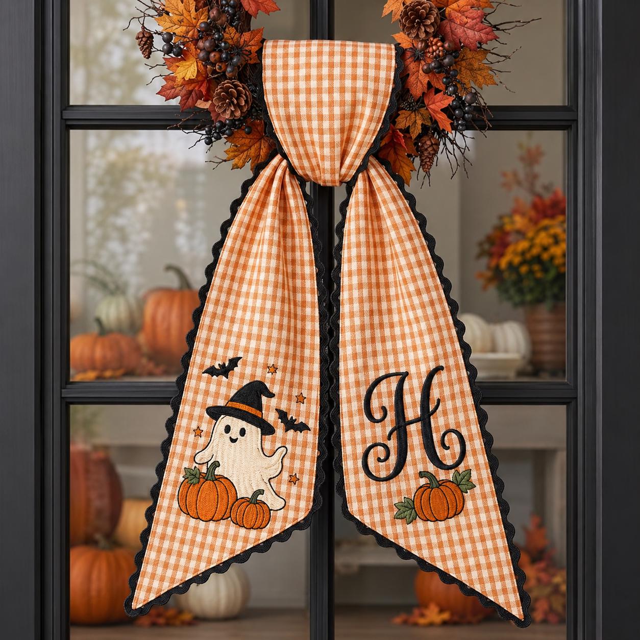 Personalized Embroidery Monogram All Season Floral Wreath Sash Bundle – Patriotic Fall Halloween and Christmas Front Door Decor - photo 7
