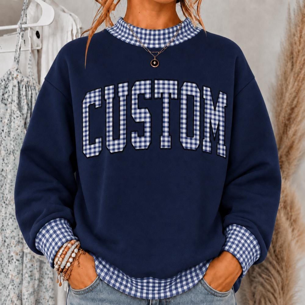 Personalized Custom Name Embroidered Sweatshirt – Vintage Varsity Letter and Gingham Applique Crewneck Sweater Fall Gift for Her