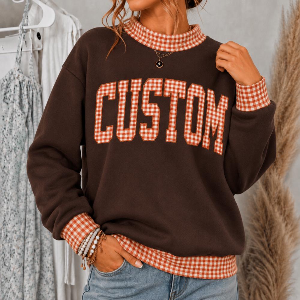 Personalized Custom Name Embroidered Sweatshirt – Vintage Varsity Letter and Gingham Applique Crewneck Sweater Fall Gift for Her - photo 2