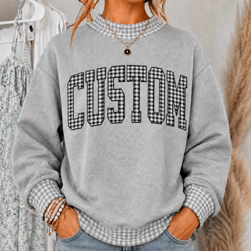 Personalized Custom Name Embroidered Sweatshirt – Vintage Varsity Letter and Gingham Applique Crewneck Sweater Fall Gift for Her - photo 3