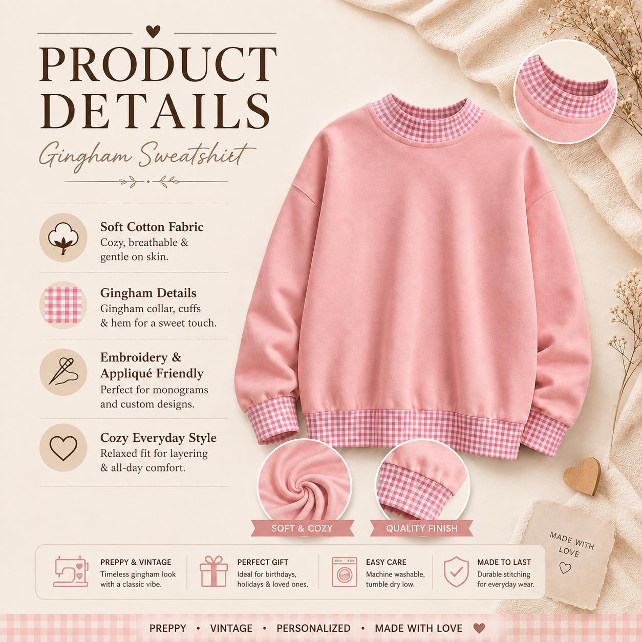 Personalized Custom Name Embroidered Sweatshirt – Vintage Varsity Letter and Gingham Applique Crewneck Sweater Fall Gift for Her - photo 7