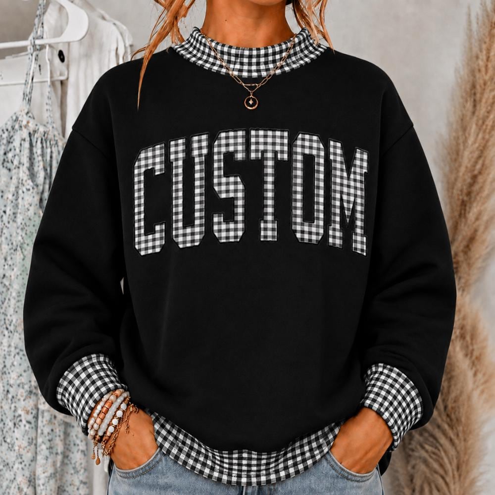 Personalized Custom Name Embroidered Sweatshirt – Vintage Varsity Letter and Gingham Applique Crewneck Sweater Fall Gift for Her - photo 8
