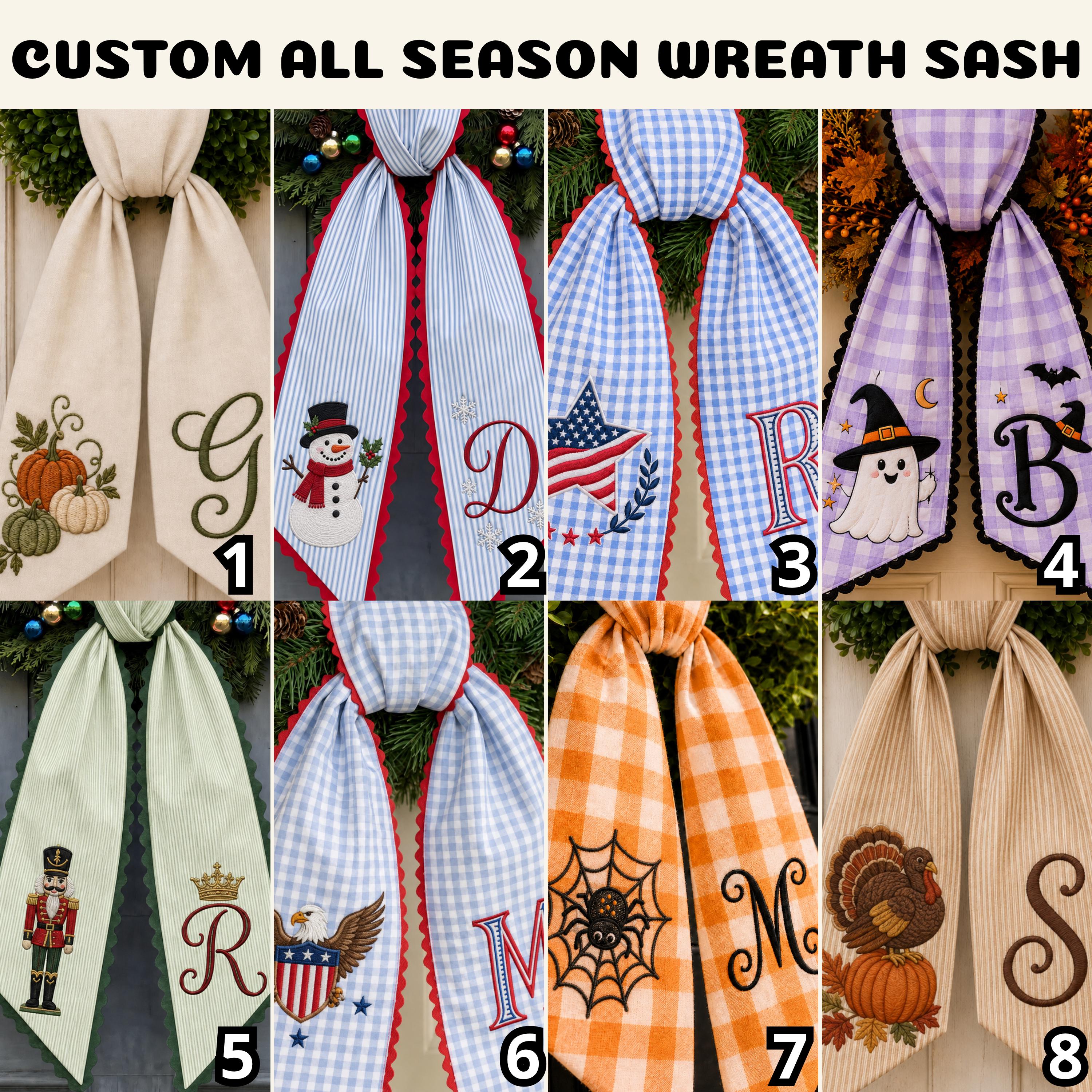 Custom Personalized Embroidery Monogram All Season Wreath Sash Bow – Patriotic Thanksgiving Halloween and Christmas Seasonal Door Decor