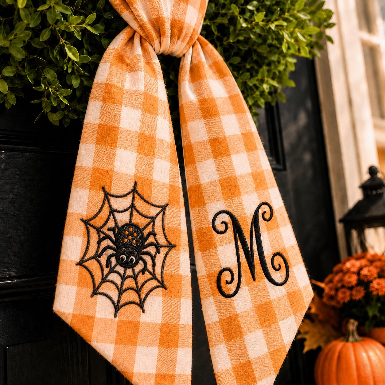 Custom Personalized Embroidery Monogram All Season Wreath Sash Bow – Patriotic Thanksgiving Halloween and Christmas Seasonal Door Decor - photo 2