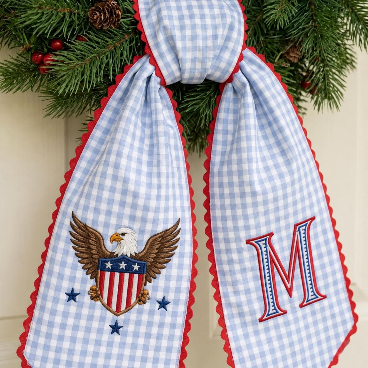 Custom Personalized Embroidery Monogram All Season Wreath Sash Bow – Patriotic Thanksgiving Halloween and Christmas Seasonal Door Decor - photo 3