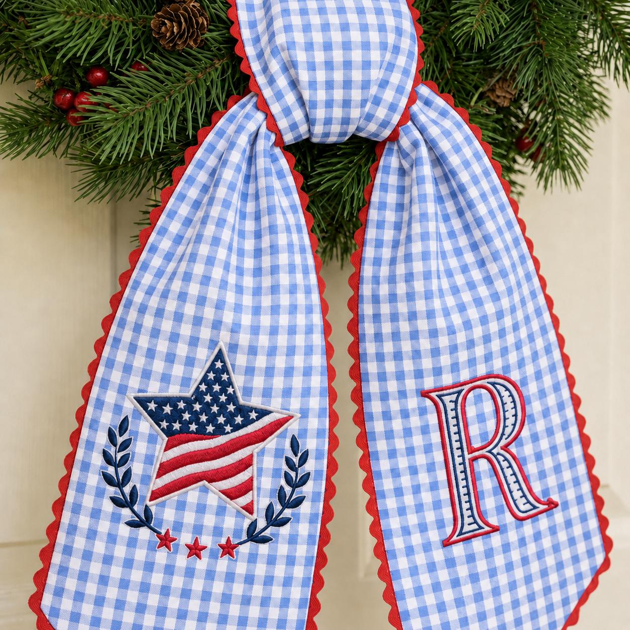 Custom Personalized Embroidery Monogram All Season Wreath Sash Bow – Patriotic Thanksgiving Halloween and Christmas Seasonal Door Decor - photo 9