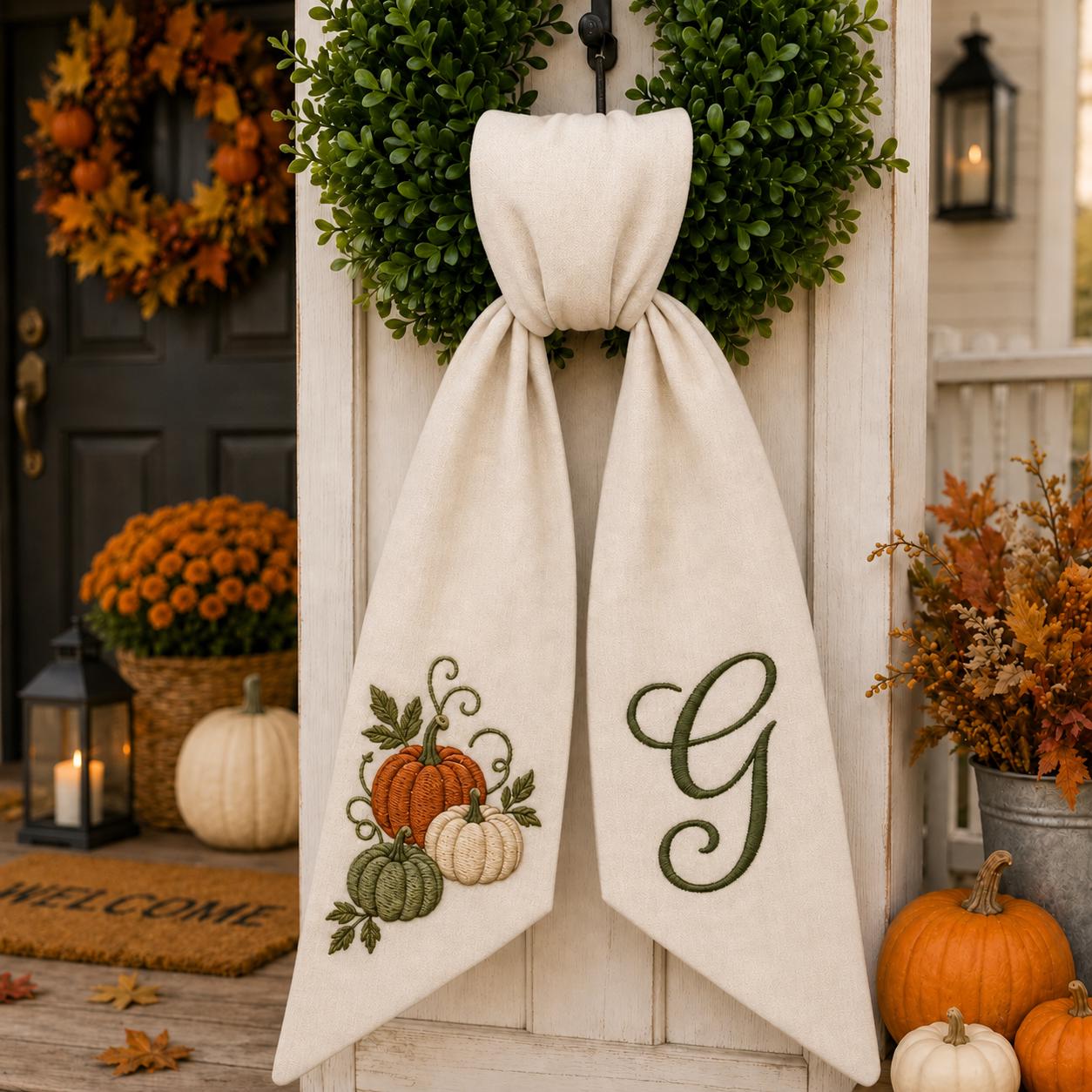 Custom Personalized Embroidery Monogram All Season Wreath Sash Bow – Patriotic Thanksgiving Halloween and Christmas Seasonal Door Decor - photo 11