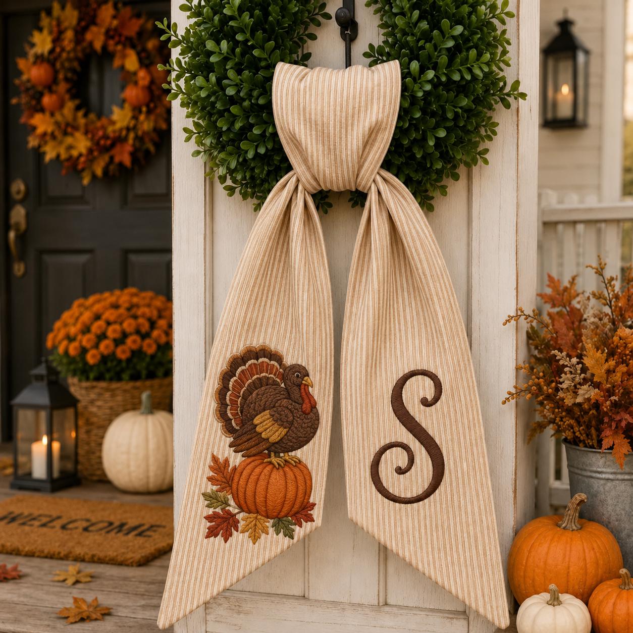 Custom Personalized Embroidery Monogram All Season Wreath Sash Bow – Patriotic Thanksgiving Halloween and Christmas Seasonal Door Decor - photo 12