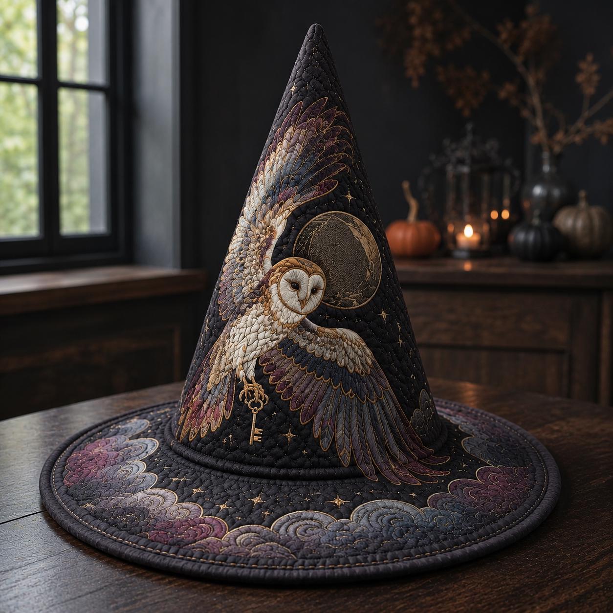 Quilted Woodland Owl Witch Hat – Gothic Mystical Witchy Fall Home Halloween Decor Centerpiece with Celestial Moon Decoration - photo 1