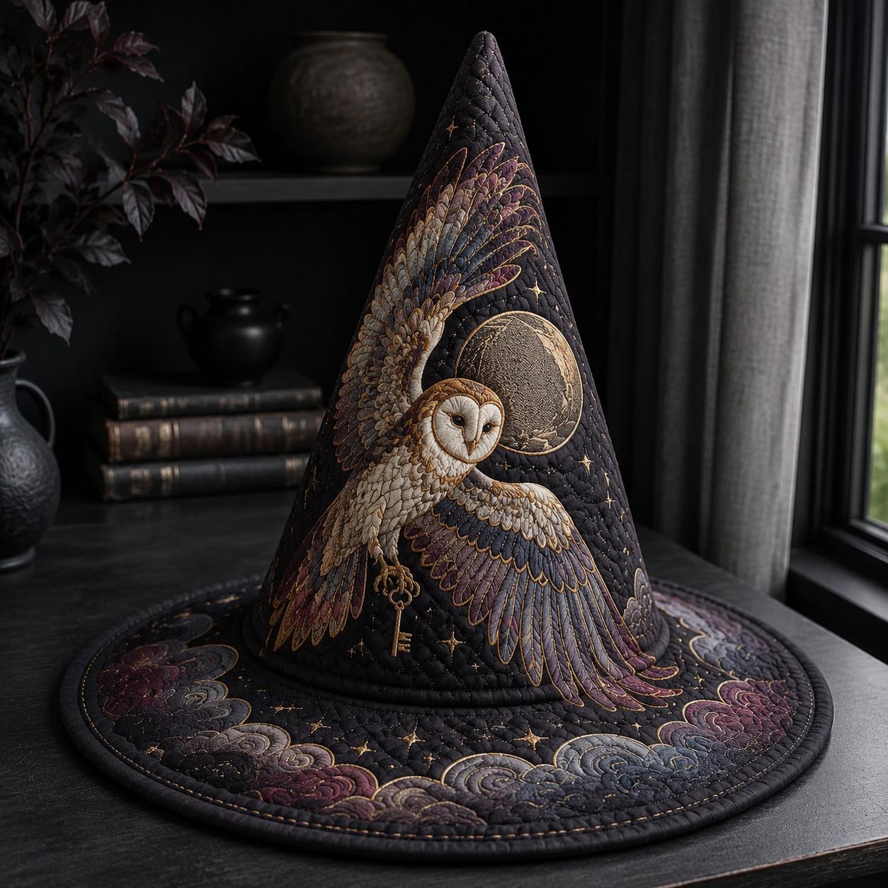 Quilted Woodland Owl Witch Hat – Gothic Mystical Witchy Fall Home Halloween Decor Centerpiece with Celestial Moon Decoration - photo 2