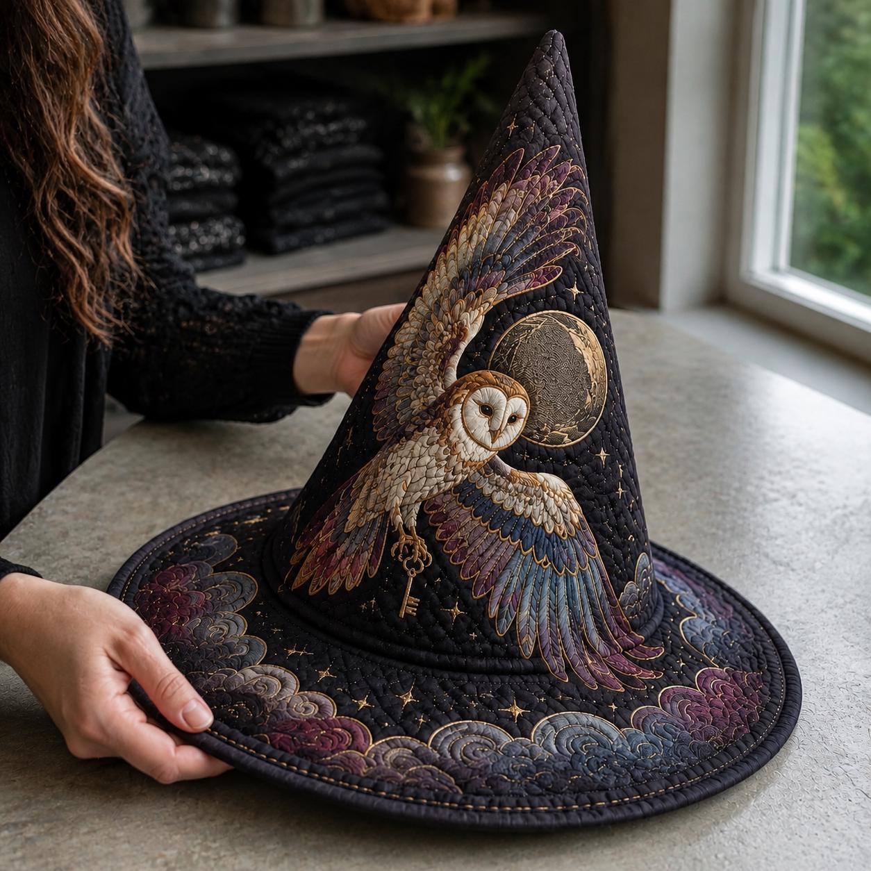 Quilted Woodland Owl Witch Hat – Gothic Mystical Witchy Fall Home Halloween Decor Centerpiece with Celestial Moon Decoration - photo 4