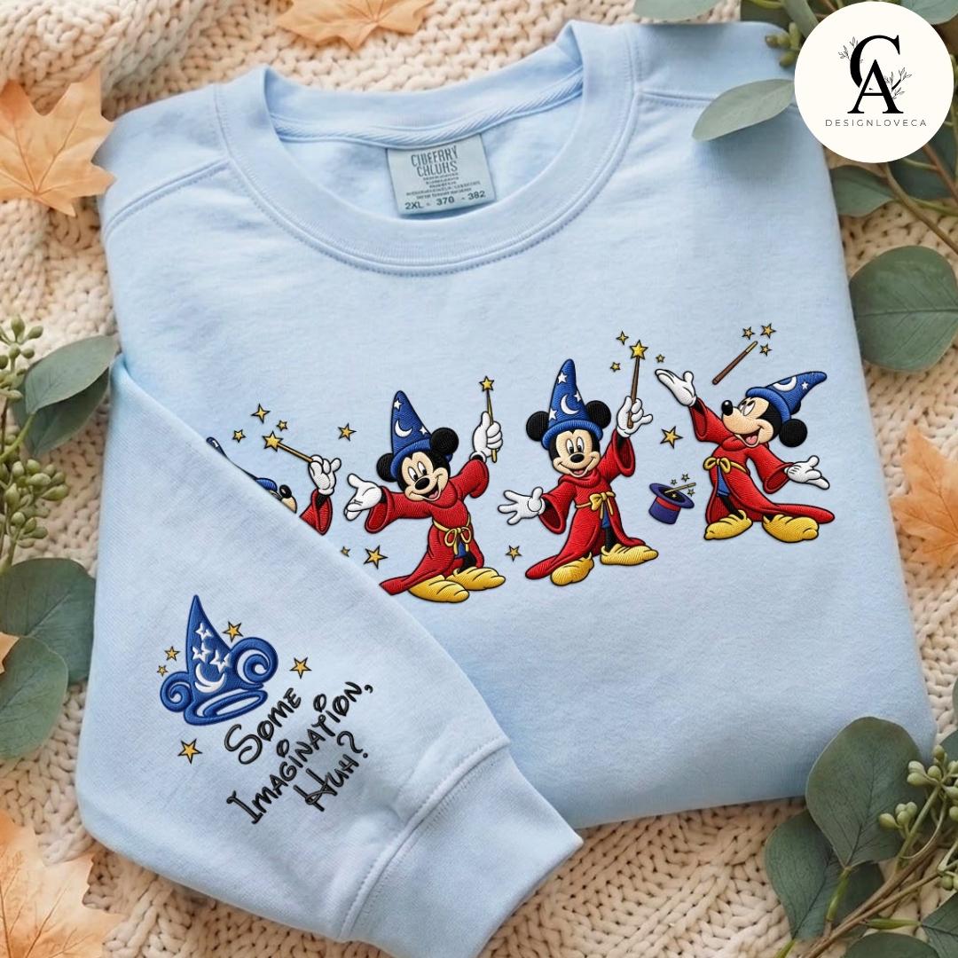 Embroidered Disney Fantasia Gingham Mock Neck Sweatshirt with Sorcerer Mickey Wizard Fantasmic Some Imagination Huh Crewneck Sweater