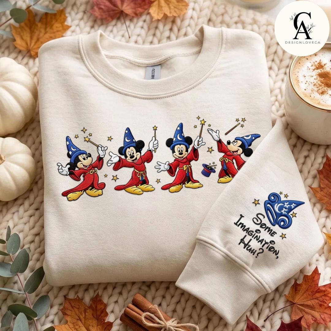 Embroidered Disney Fantasia Gingham Mock Neck Sweatshirt with Sorcerer Mickey Wizard Fantasmic Some Imagination Huh Crewneck Sweater - photo 2