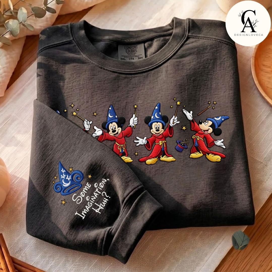 Embroidered Disney Fantasia Gingham Mock Neck Sweatshirt with Sorcerer Mickey Wizard Fantasmic Some Imagination Huh Crewneck Sweater - photo 3