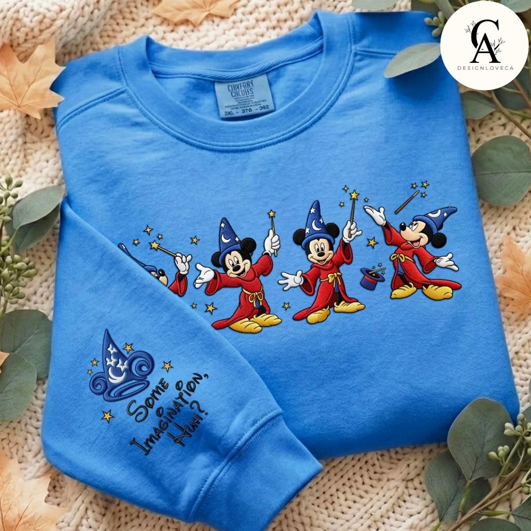 Embroidered Disney Fantasia Gingham Mock Neck Sweatshirt with Sorcerer Mickey Wizard Fantasmic Some Imagination Huh Crewneck Sweater - photo 5