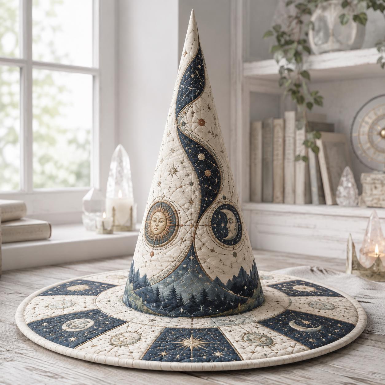 Witch Hat β Quilted Sun and Moon Celestial Astrology Mystical Gothic Table Centerpiece Decoration for Halloween and Witchy Decor