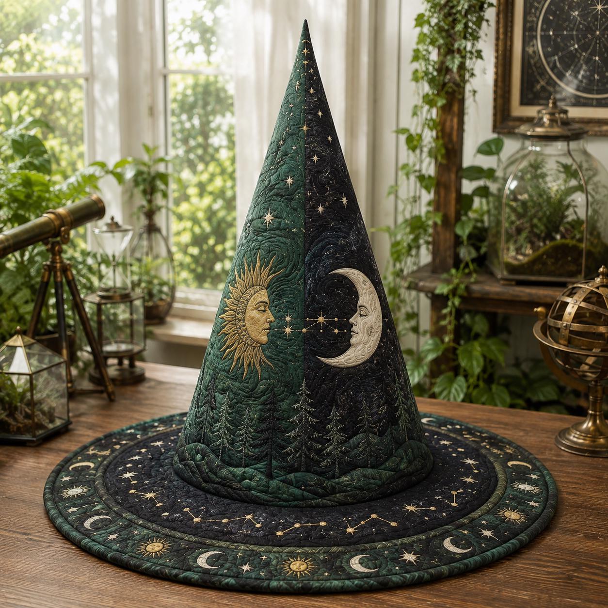 Witch Hat – Quilted Sun and Moon Celestial Astrology Mystical Gothic Table Centerpiece Decoration for Halloween and Witchy Decor - photo 2