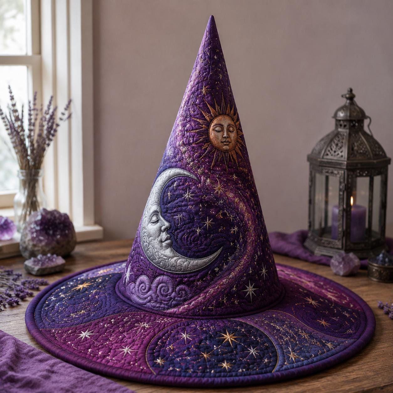 Witch Hat – Quilted Sun and Moon Celestial Astrology Mystical Gothic Table Centerpiece Decoration for Halloween and Witchy Decor - photo 6