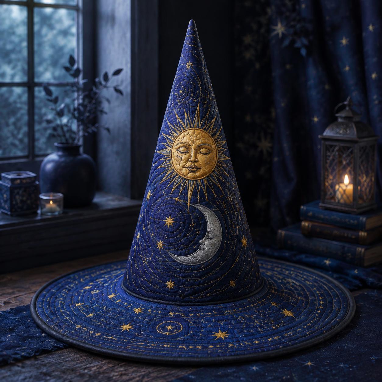 Witch Hat – Quilted Sun and Moon Celestial Astrology Mystical Gothic Table Centerpiece Decoration for Halloween and Witchy Decor - photo 7
