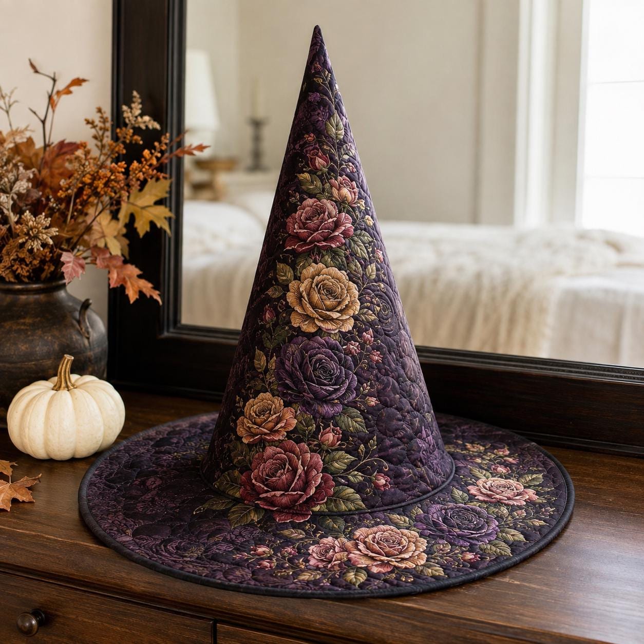 Witch Hat – Quilted Floral Vintage Rose Romantic Gothic Cottagecore Fall Table Centerpiece Decoration for Halloween and Witchy Decor - photo 1
