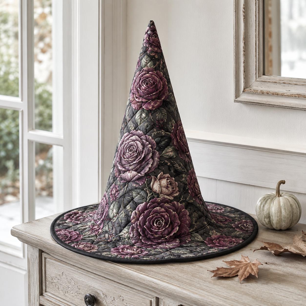 Witch Hat – Quilted Floral Vintage Rose Romantic Gothic Cottagecore Fall Table Centerpiece Decoration for Halloween and Witchy Decor - photo 3