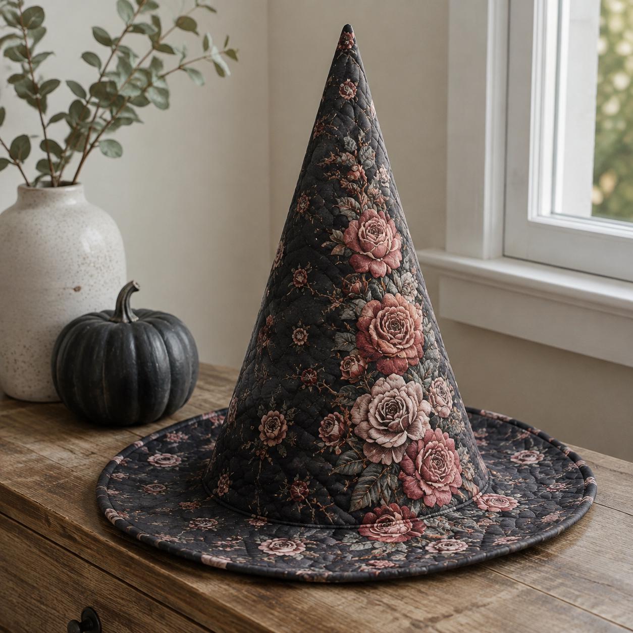Witch Hat – Quilted Floral Vintage Rose Romantic Gothic Cottagecore Fall Table Centerpiece Decoration for Halloween and Witchy Decor - photo 6