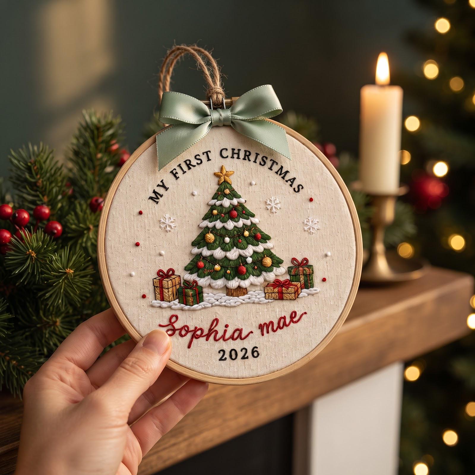 Personalized Custom Baby Name First Christmas Embroidered Hoop Ornament – Newborn Holiday Tree Keepsake Gift 2026 - photo 2