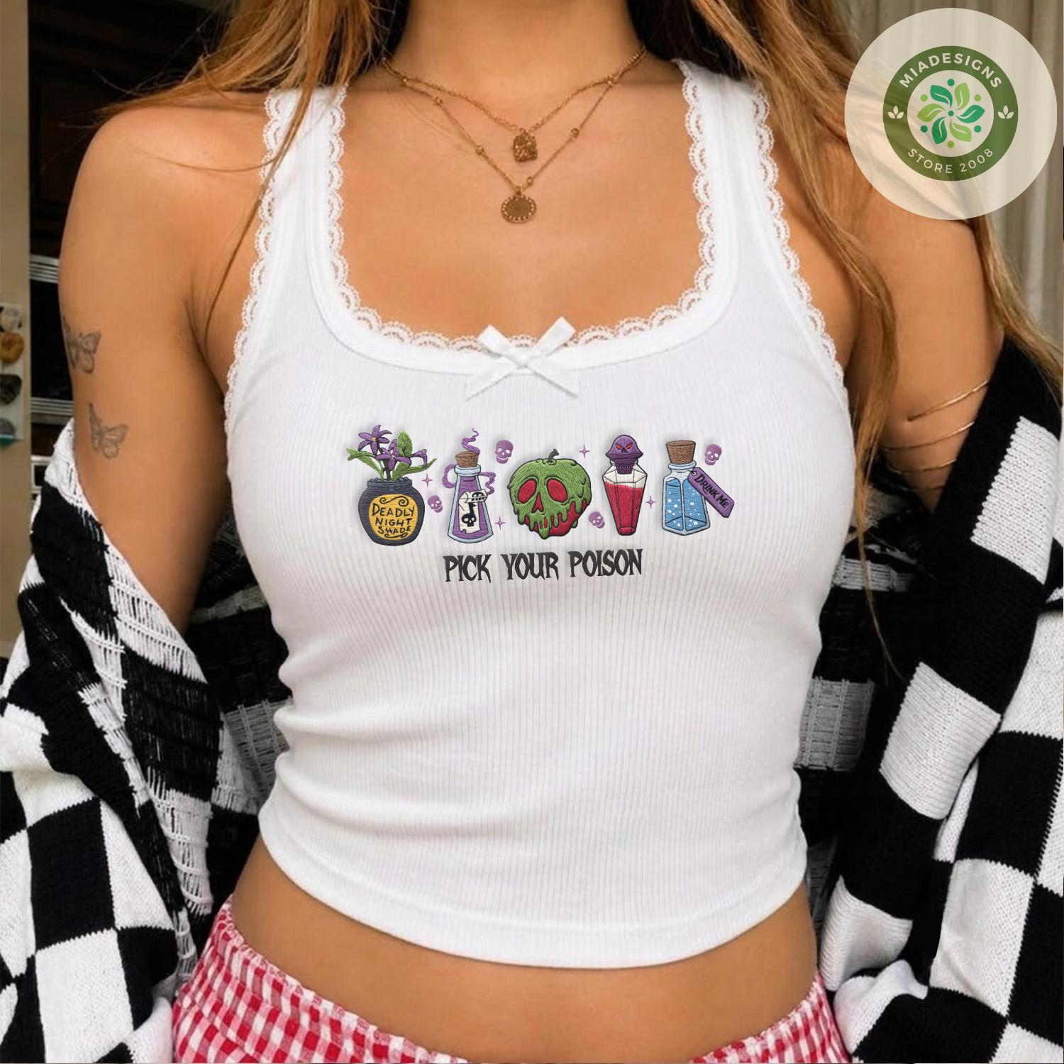 Embroidered Pick Your Poison Disney Villains Lace Trim Tank Top – Halloween Baby Tee Crop Tank for WDW Disneyland Halloween Party