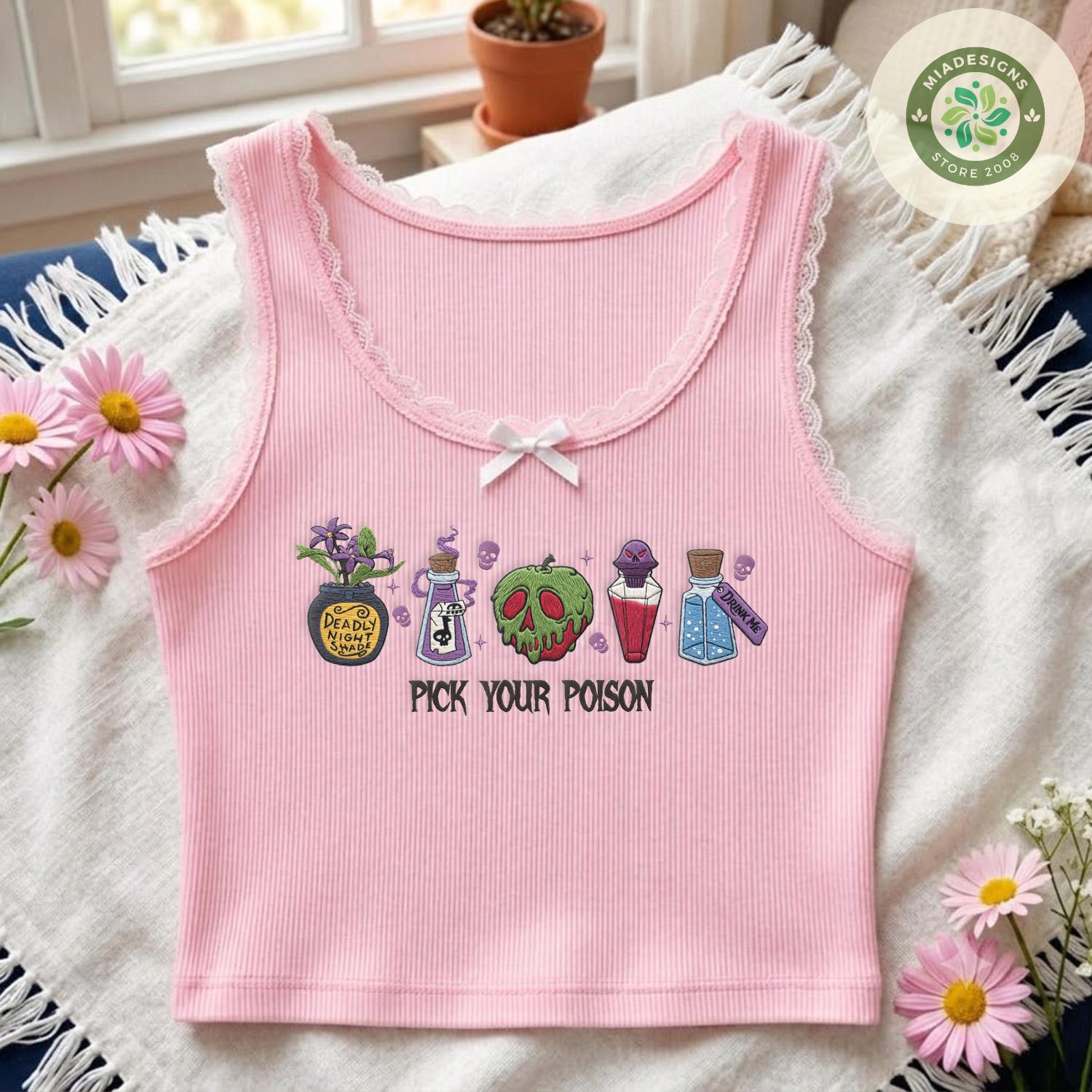 Embroidered Pick Your Poison Disney Villains Lace Trim Tank Top – Halloween Baby Tee Crop Tank for WDW Disneyland Halloween Party - photo 18