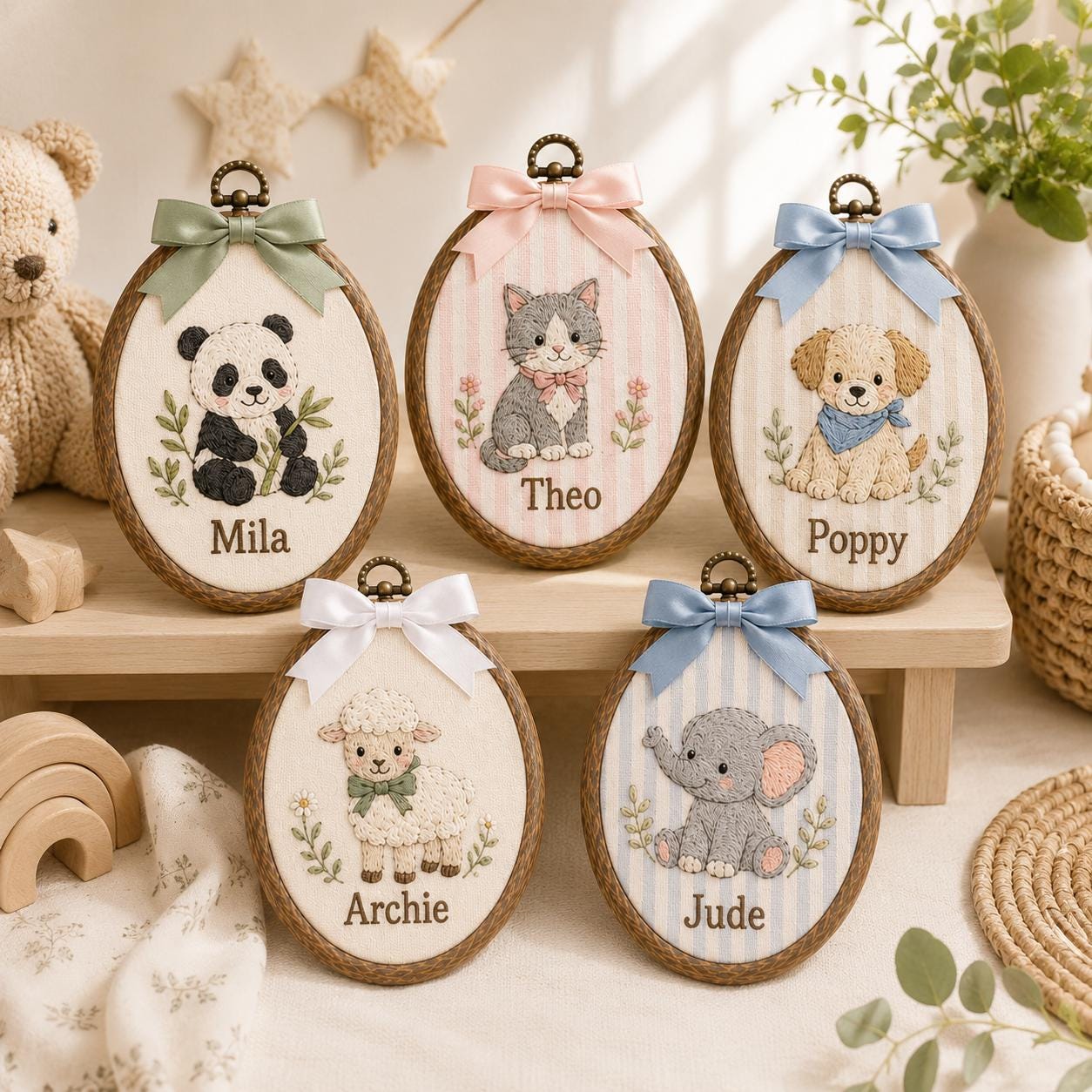 Custom Farm Animal Baby Ornament with Personalized Name Embroidered Hoop and Rustic Nursery Decor, Baby Shower Gift, Baby Heirloom