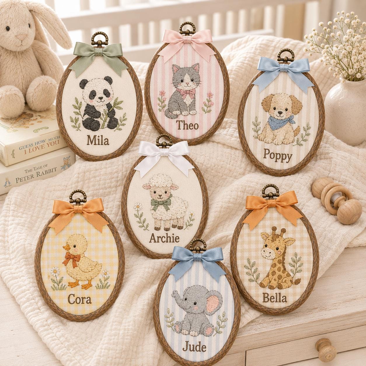 Custom Farm Animal Baby Ornament with Personalized Name Embroidered Hoop and Rustic Nursery Decor, Baby Shower Gift, Baby Heirloom - photo 2