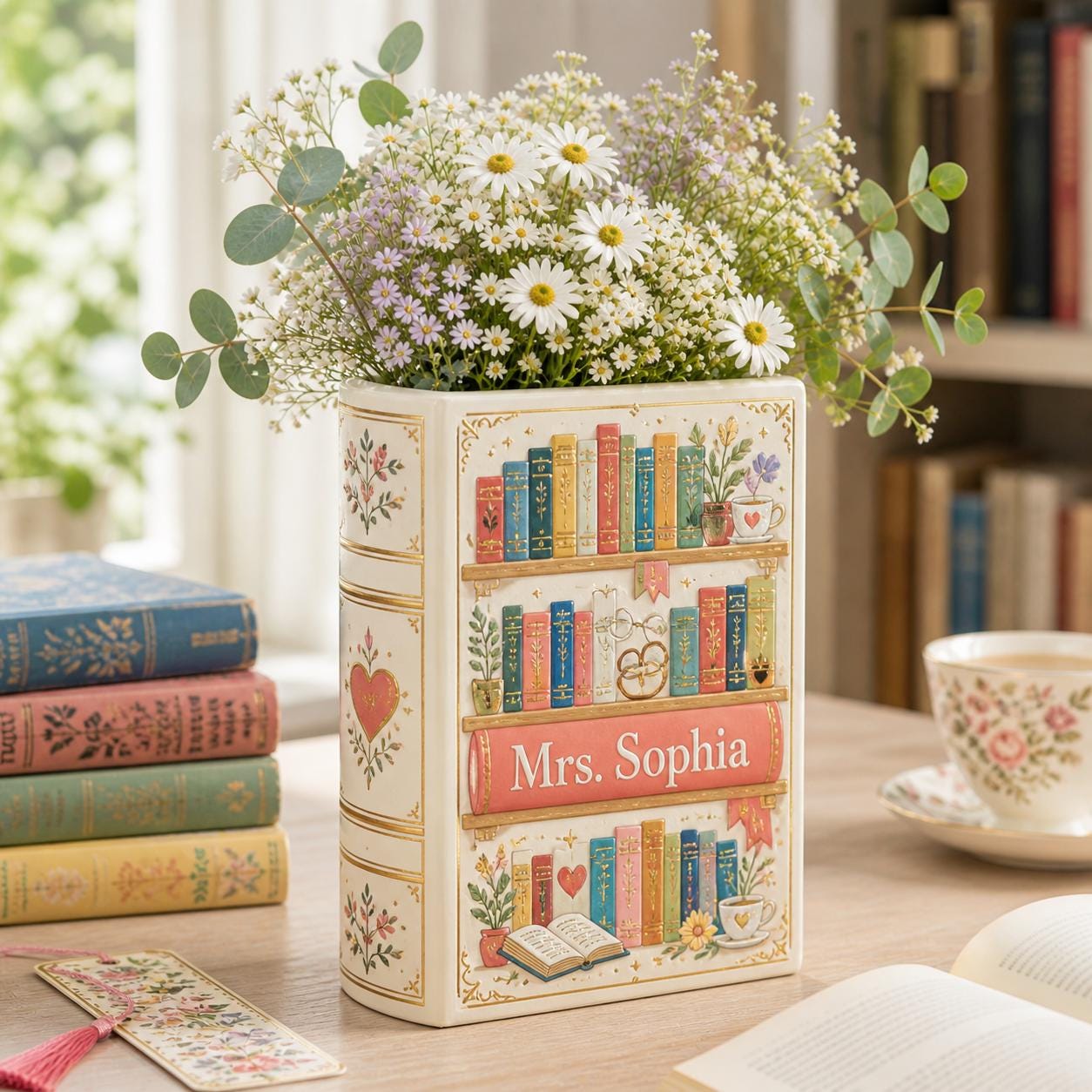 Personalized Book Vase with Colorful Book Shaped Flower Vase and Book Lover Gift, Literary Decor, Custom Name Vase, Reading Room Decor