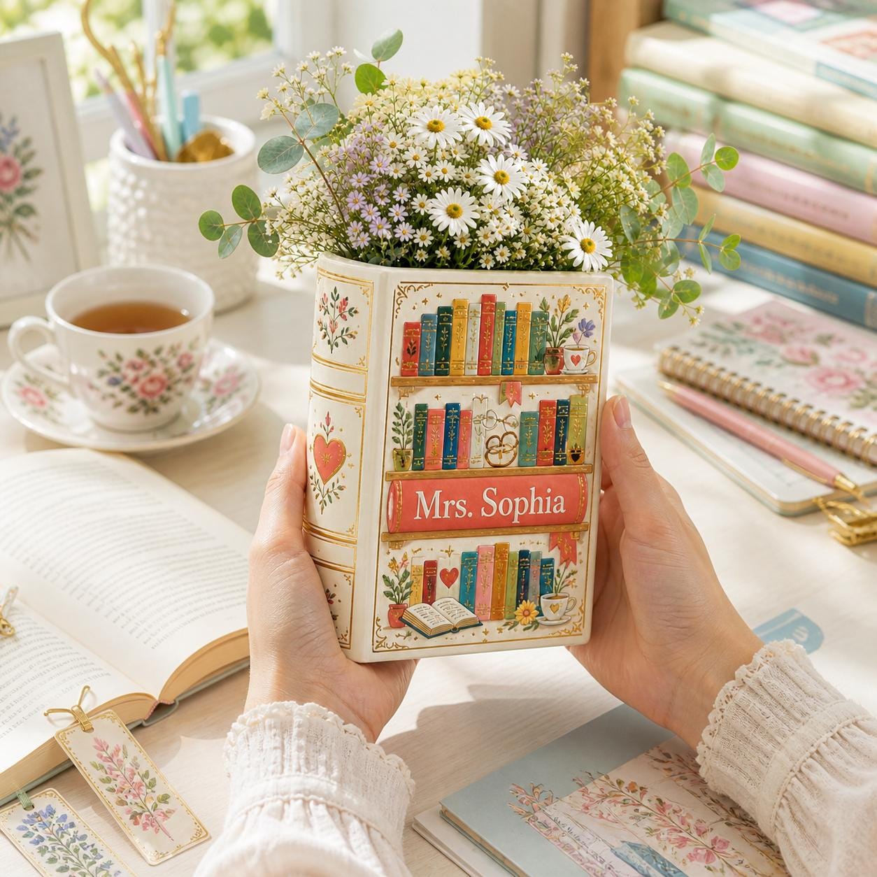 Personalized Book Vase with Colorful Book Shaped Flower Vase and Book Lover Gift, Literary Decor, Custom Name Vase, Reading Room Decor - photo 2