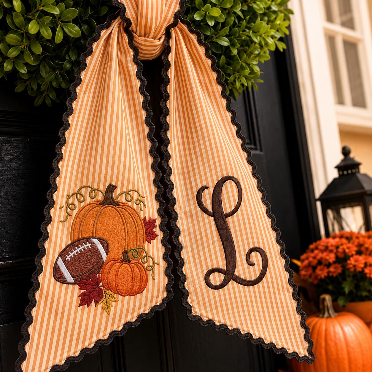 Personalized Monogram Embroidery Fall Wreath Sash Bow – Autumn Football and Pumpkin Door Decor Family Gift