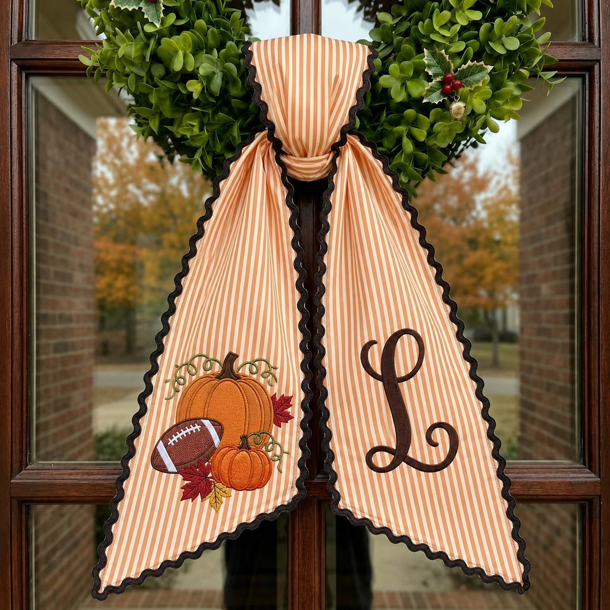Personalized Monogram Embroidery Fall Wreath Sash Bow – Autumn Football and Pumpkin Door Decor Family Gift - photo 2