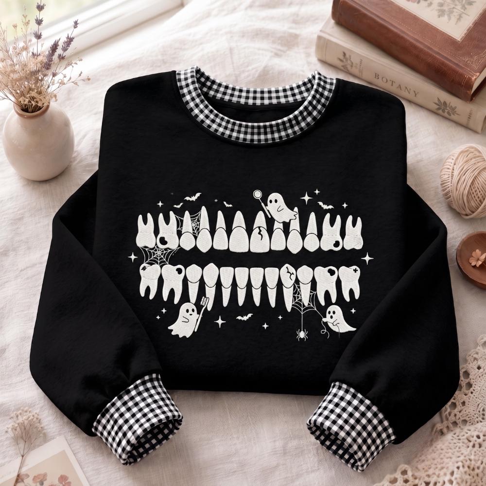 Cute Embroidered Dental Halloween Sweatshirt – Spooky Teeth Ghost Crewneck Sweater Gift for Dentist and Dental Hygienist